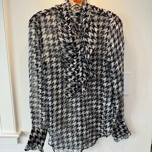 Equipment Ruffle Blouse Houndstooth Black White Small Sheer Top